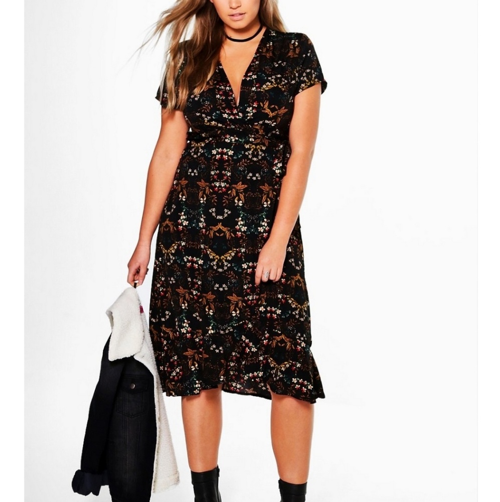 Selena Plunge Floral Frill Fem Tea Dress